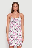 Womens Ribbed Knit Heart Print Cami Nightgown and Robe, White,