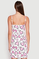 Womens Ribbed Knit Heart Print Cami Nightgown and Robe, White,