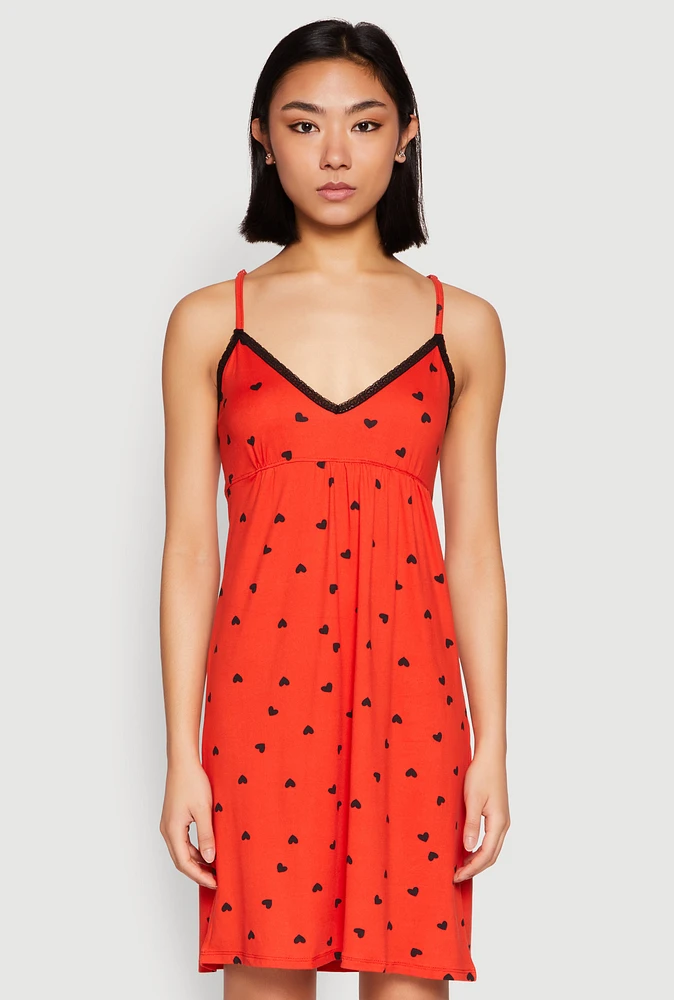 Womens Soft Knit Heart Print Cami Nightgown, Red, Size L