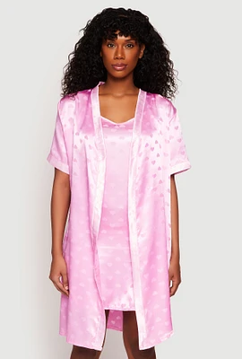 Womens Satin Heart Print Cami Nightgown with Robe, Pink, Size XL