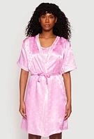 Womens Satin Heart Print Cami Nightgown with Robe, Pink, Size XL