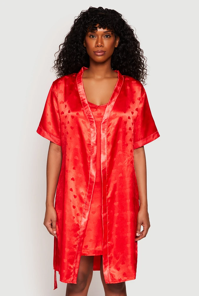 Womens Satin Heart Print Cami Nightgown with Robe, Red, Size S