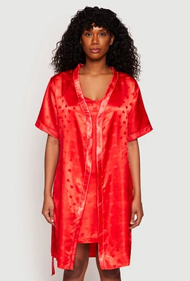 Womens Satin Heart Print Cami Nightgown with Robe, Red, Size S