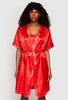 Womens Satin Heart Print Cami Nightgown with Robe, Red, Size S