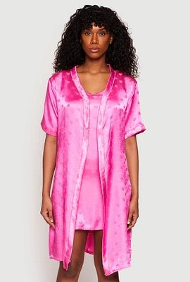 Womens Satin Heart Print Cami Nightgown with Robe, Pink,