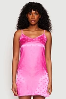 Womens Satin Heart Print Cami Nightgown with Robe, Pink,