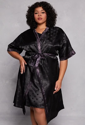 Womens Plus Size Heart Print Satin Nightgown with Robe, Black, Size 2X