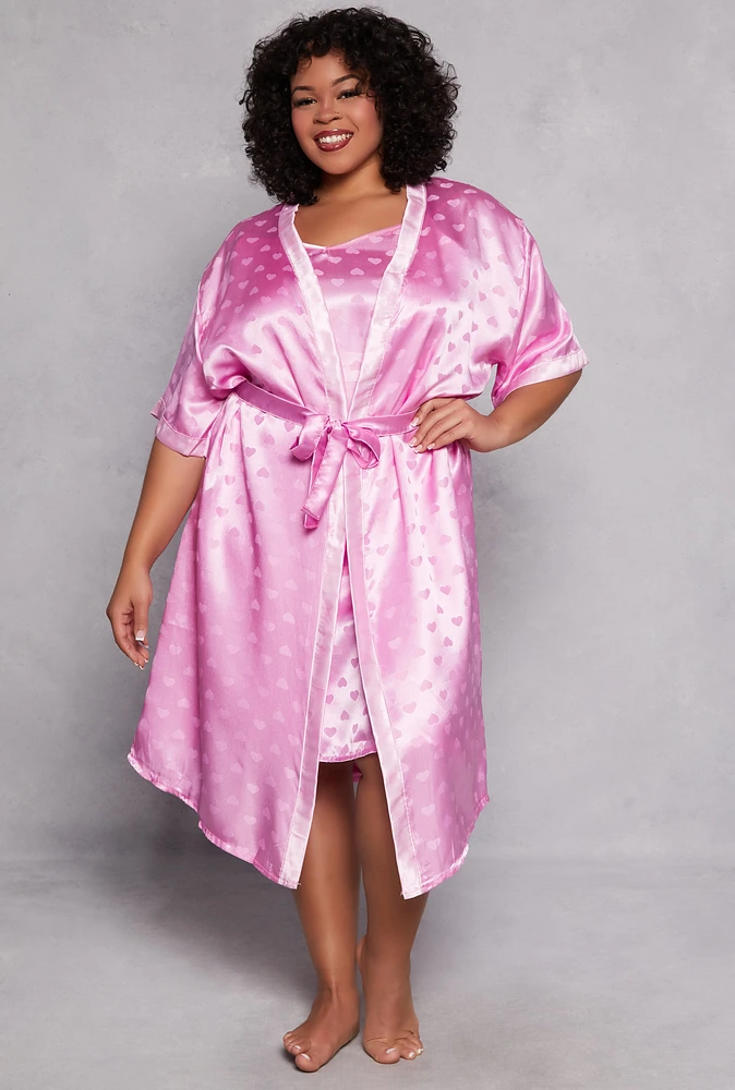 Womens Plus Size Heart Print Satin Nightgown with Robe, Pink, Size 2X