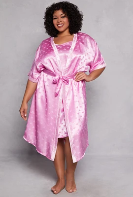Womens Plus Size Heart Print Satin Nightgown with Robe, Pink, Size 2X