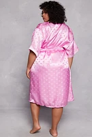 Womens Plus Size Heart Print Satin Nightgown with Robe, Pink, Size 2X