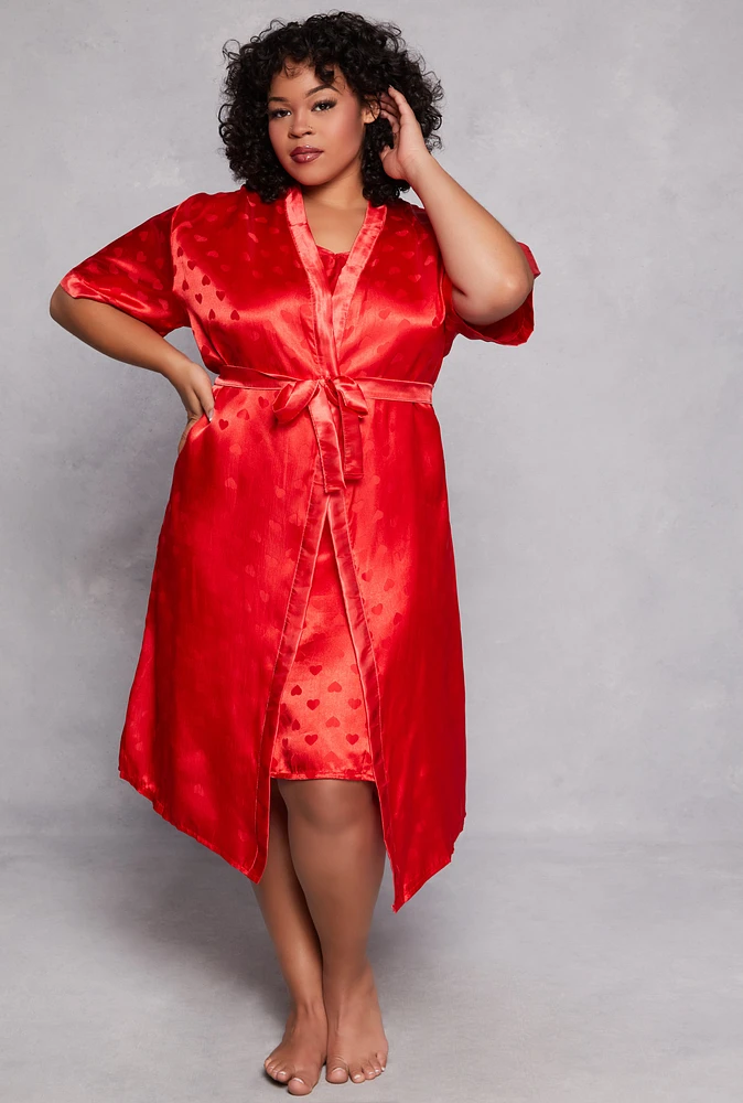 Womens Plus Size Heart Print Satin Nightgown with Robe, Red, Size 1X
