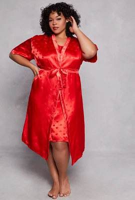 Womens Plus Size Heart Print Satin Nightgown with Robe, Red, Size 1X
