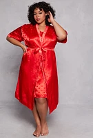Womens Plus Size Heart Print Satin Nightgown with Robe, Red, Size 1X