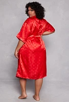 Womens Plus Size Heart Print Satin Nightgown with Robe, Red, Size 1X
