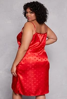 Womens Plus Size Heart Print Satin Nightgown with Robe, Red, Size 1X