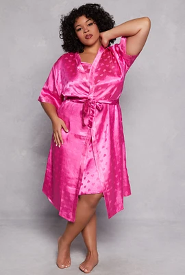 Womens Plus Heart Print Satin Nightgown with Robe,