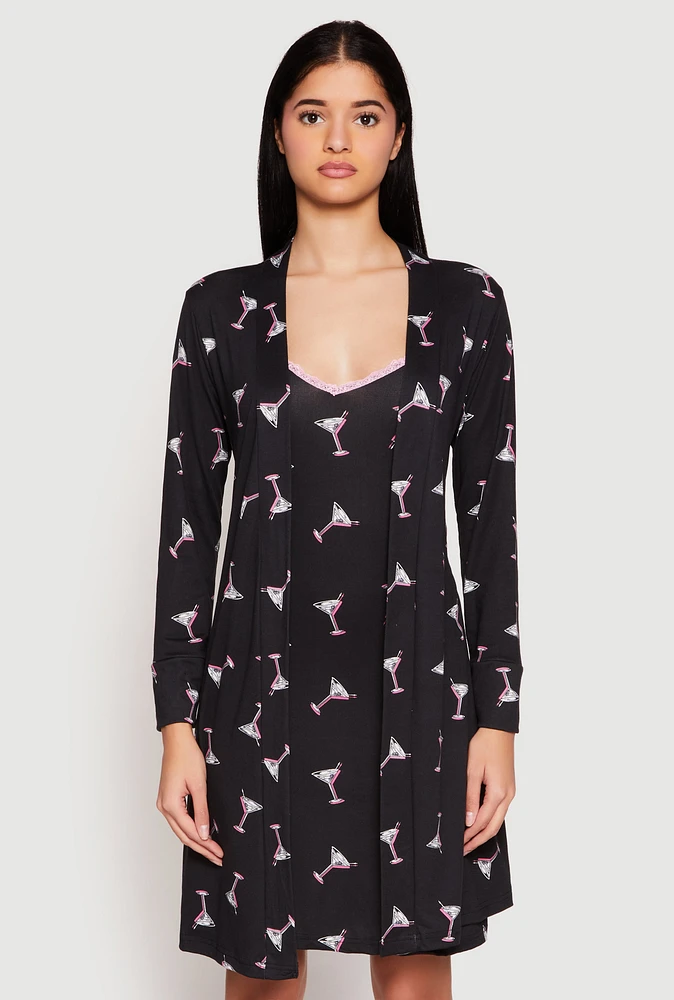 Womens Martini Print Cami Nightgown and Robe Set, Black, Size S