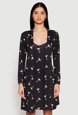 Womens Martini Print Cami Nightgown and Robe Set, Black, Size S