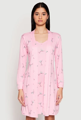 Womens Martini Print Cami Nightgown and Robe Set, Pink, Size L