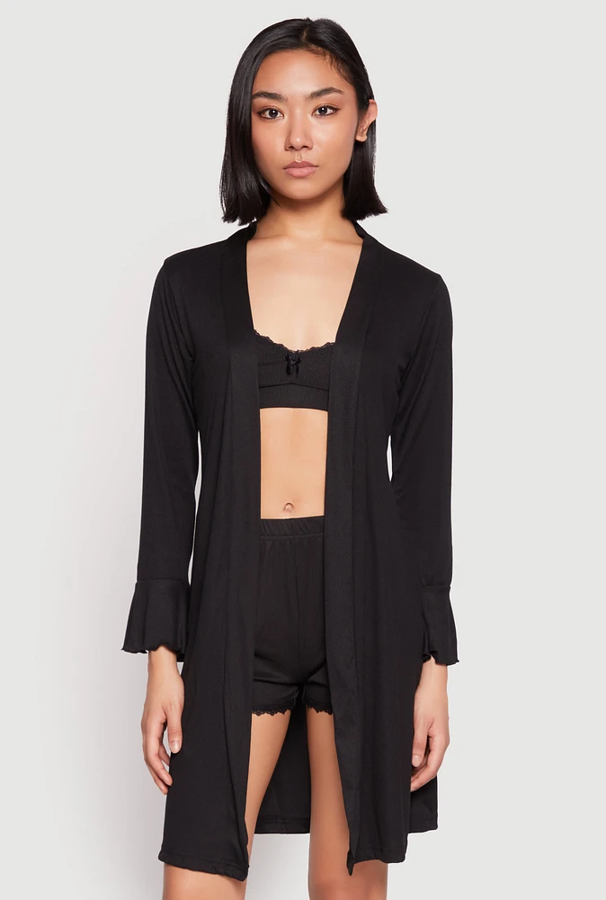 Womens Ribbed Knit Pajama Bralette and Shorts with Robe,