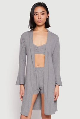 Womens Ribbed Knit Pajama Bralette and Shorts with Robe, Grey,