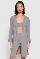Womens Ribbed Knit Pajama Bralette and Shorts with Robe, Grey,