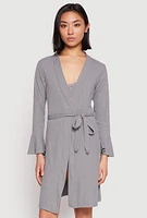 Womens Ribbed Knit Pajama Bralette and Shorts with Robe, Grey,