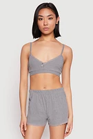 Womens Ribbed Knit Pajama Bralette and Shorts with Robe, Grey,