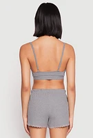 Womens Ribbed Knit Pajama Bralette and Shorts with Robe, Grey,