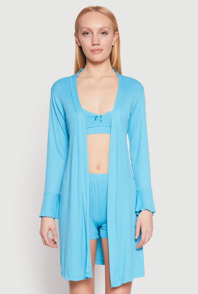 Womens Ribbed Knit Pajama Bralette and Shorts with Robe, Blue, Size M