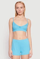 Womens Ribbed Knit Pajama Bralette and Shorts with Robe,