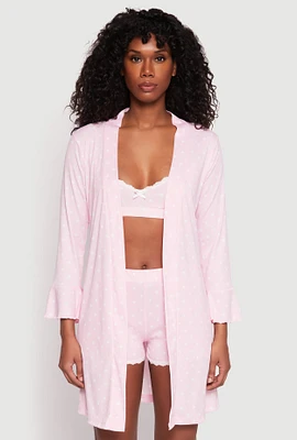 Womens Polka Dot Pajama Bralette and Shorts with Robe, Pink, Size S