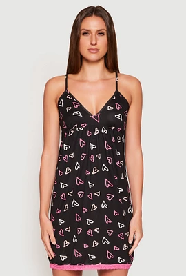 Womens Soft Knit Heart Print Cami Nightgown, Black, Size L