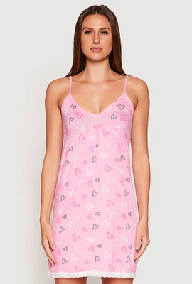 Womens Soft Knit Heart Print Cami Nightgown, Pink, Size M