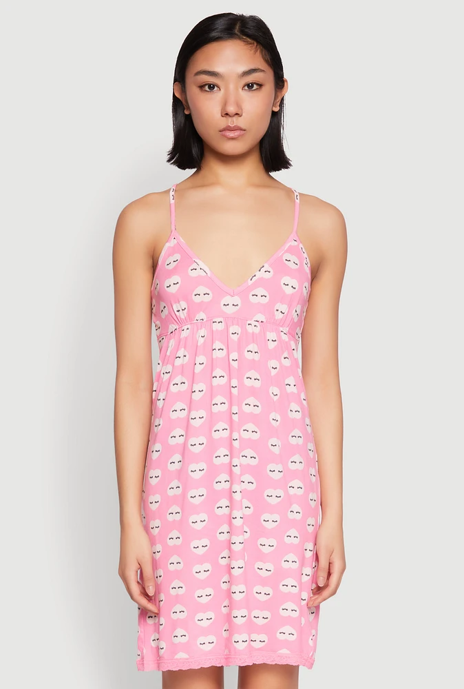 Womens Soft Knit Heart Graphic Print Cami Nightgown, Pink, Size S