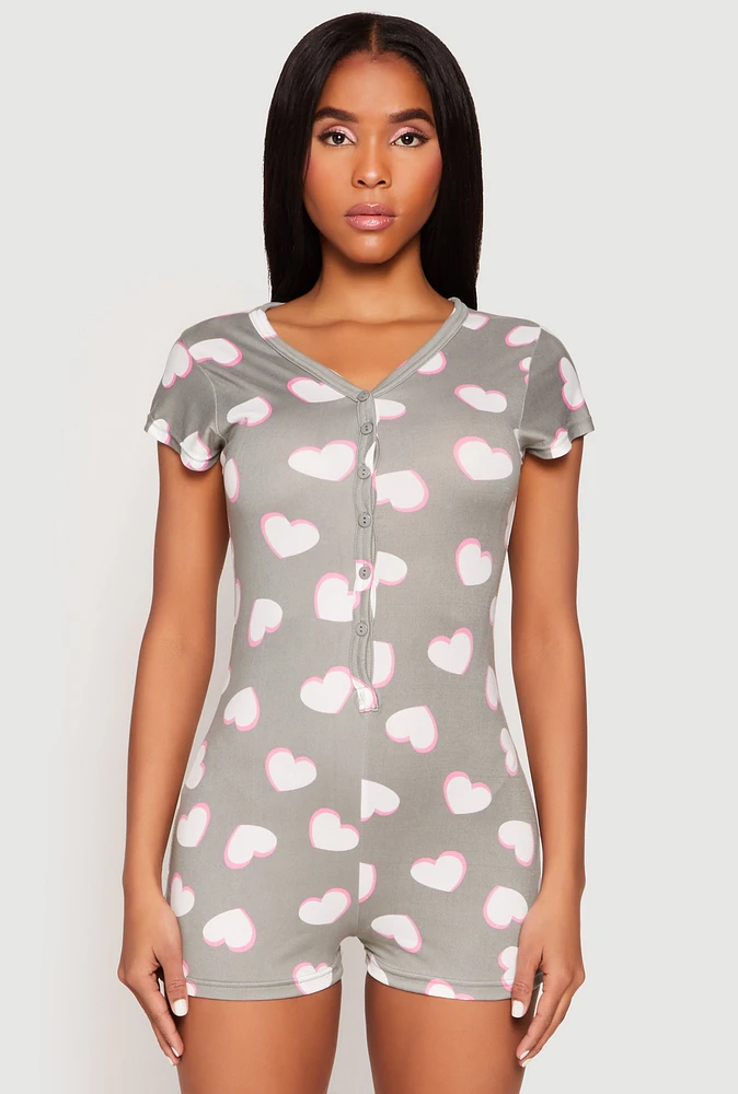 Womens Love Heart Graphic Print Pajama Romper, L