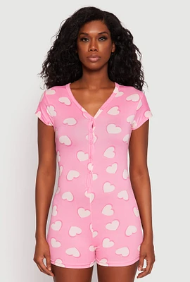 Womens Love Heart Graphic Print Pajama Romper, Pink, Size M