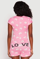 Womens Love Heart Graphic Print Pajama Romper, Pink, Size S