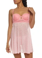 Womens Heart Print Mesh Babydoll and G String, Pink, Size M