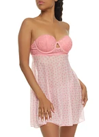 Womens Heart Print Mesh Babydoll and G String, Pink, Size M