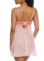 Womens Heart Print Mesh Babydoll and G String, Pink, Size M