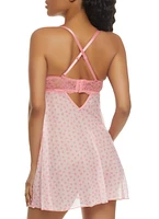 Womens Heart Print Mesh Babydoll and G String, Pink, Size M