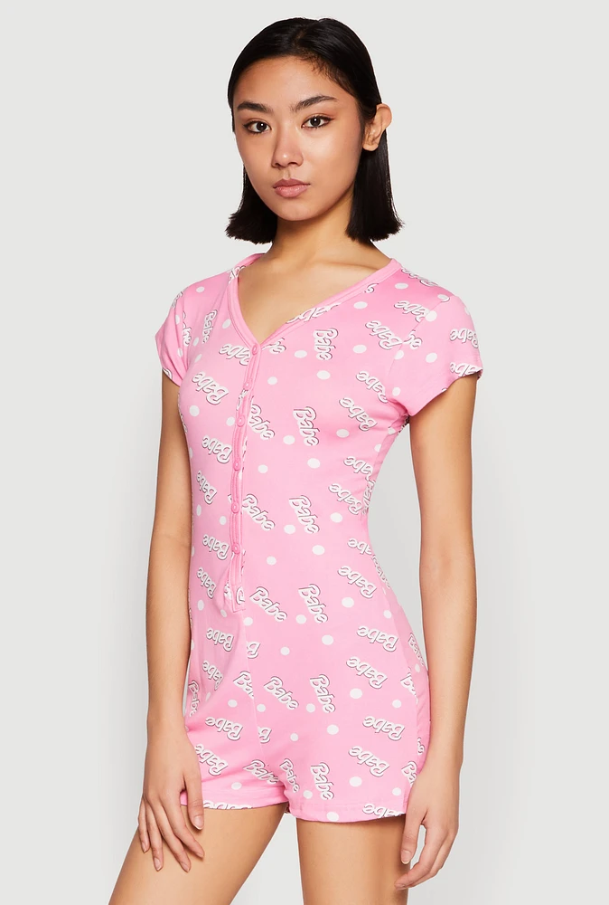 Womens Soft Knit Babe Button Front Pajama Romper, Pink, Size S