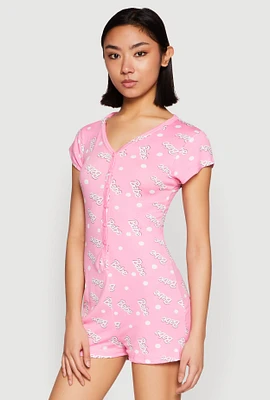 Womens Soft Knit Babe Button Front Pajama Romper, Pink, Size S