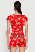 Womens Soft Knit Love You Beary Much Pajama Romper, Red, Size XL
