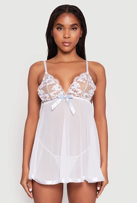 Womens Floral Embroidered Babydoll and G String, White, Size L