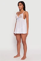Womens Floral Embroidered Babydoll and G String, White, Size L