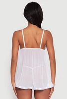 Womens Floral Embroidered Babydoll and G String, White, Size L