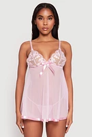 Womens Floral Embroidered Babydoll and G String, Pink,