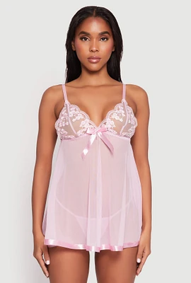 Womens Floral Embroidered Babydoll and G String,